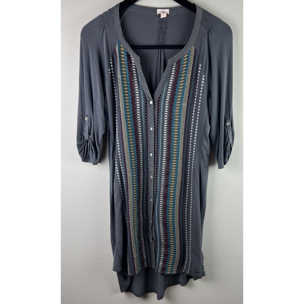 Tiny for‎ Anthro. Gray With Multicolor Embroidered Stripes,Button-Down Dress,  L